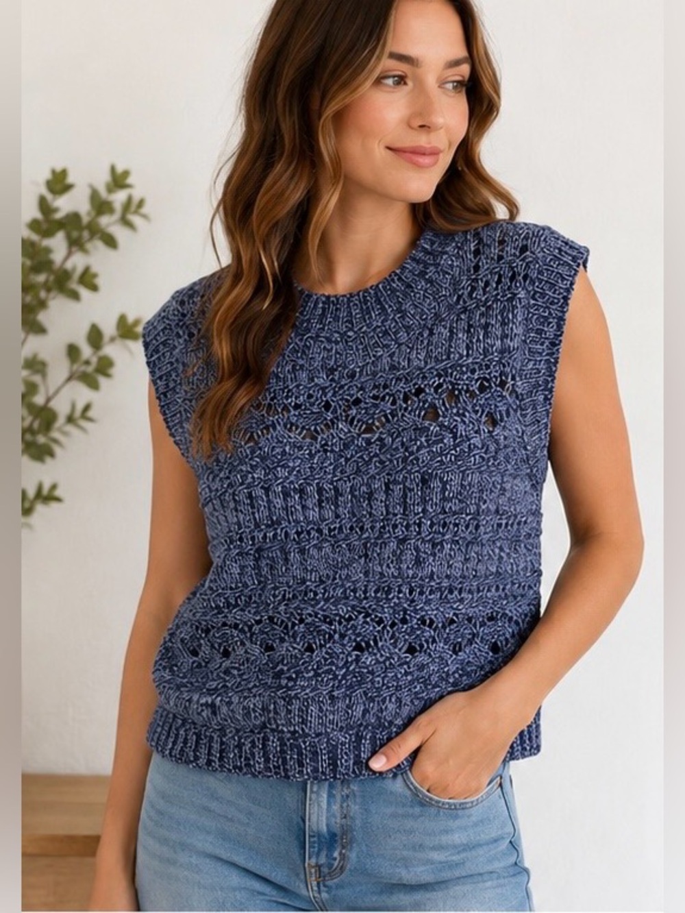 ANA A New Approach Sweater Vest Womens M Blue Marled Knit Sleeveless